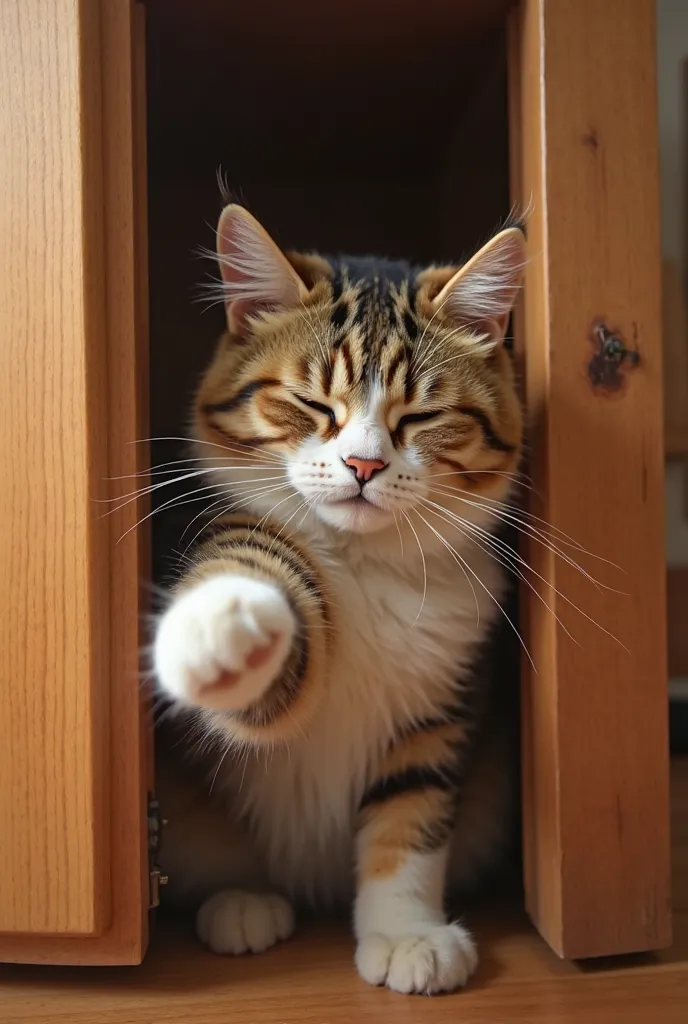 A sleepy cat reaching out to greet came out of the cupboard