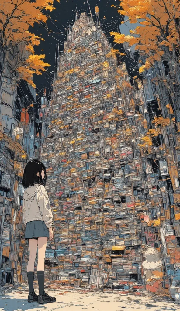 Illustration of a high school girl standing in front of a pile of comics, comic panel by Hirohiko Araki , Pixiv, Underground Comics, Kastuhiro Otomo, Katsuhiro - Otomo ,  anime book with pictures of a group of Japanese comic books , Otomo Katsuhiro, Automa...