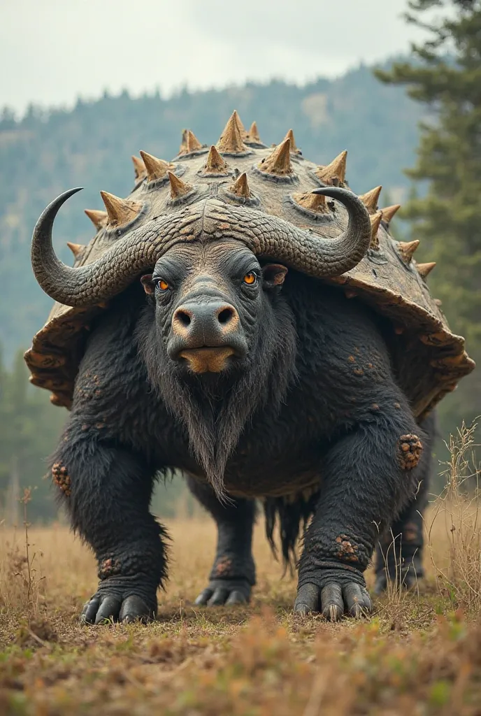 A monstrous hybrid stands in the wilderness, a terrifying fusion of raw strength and impenetrable defense. Its massive buffalo body is covered in a thick, rugged turtle shell, layered with jagged, spiked ridges that make it nearly invincible. Its powerful ...