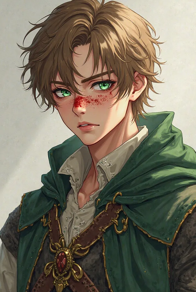 Create a boy with anime and manga style, with a 30-year-old appearance, with slightly messy light brown hair and emerald green eyes and white skin and with a height of 180 cm and who is ultra mega-super exaggeratedly handsome and attractive and sexy and wi...