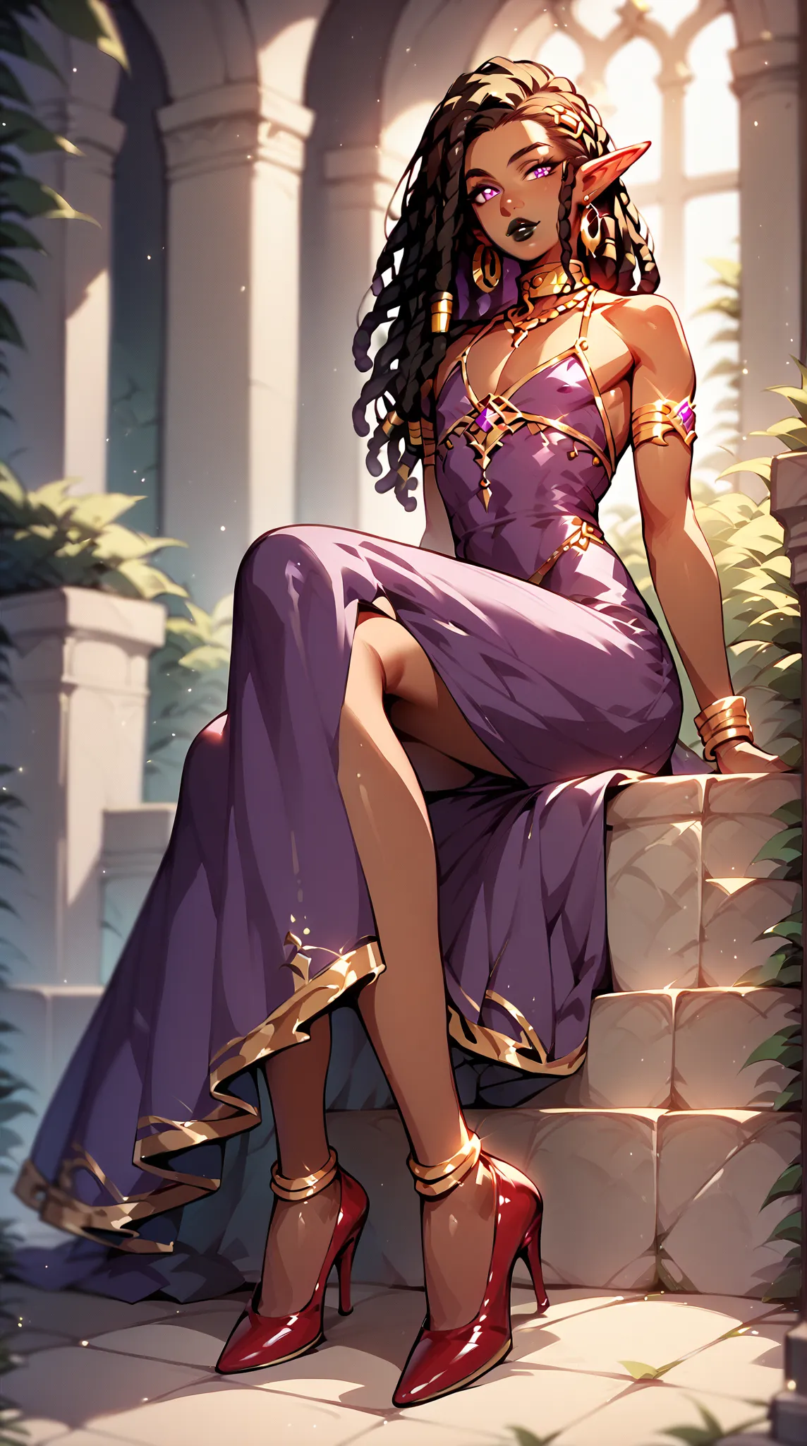 femboy dark skin purple eyes very thin black dreadlocks black lips voluminous .... gold collar on neck gold earrings purple dress elf ears red high heels sitting