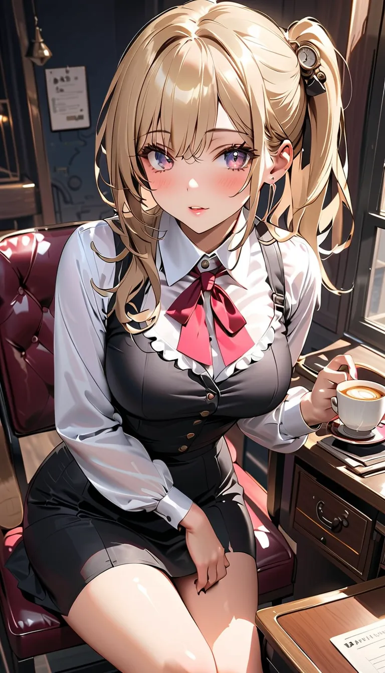   female 1 、holding sugar cubes where you drink coffee with your legs crossed、角砂糖を持っている、big breasted、 Sexy thighs（   dynamic composition :1.3）、  Hair 、(( masterpiece,   TOP QUALITY,     最 HD ,  steampunk.  HD )),     young pretty girl    ,((  wears shiny o...