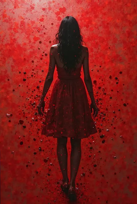 On a flat floor, surrounded by red and formed with drops of blood let a female figure take part.  female figure , has turned into an icon of blood, ie drops of blood or red color, scattered in the form of a female silhouette. Like a flat carpet on the floo...