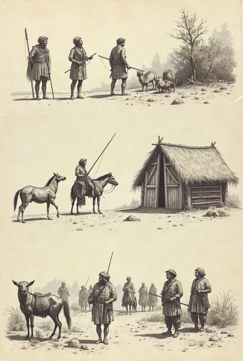 Drawings of nomads who constantly move in search of food and shelter and of sedentary people who remain in fixed places drawings of nomads dependent on hunting and fishing and of sedentary people who developed agriculture and the domestication of animals, ...