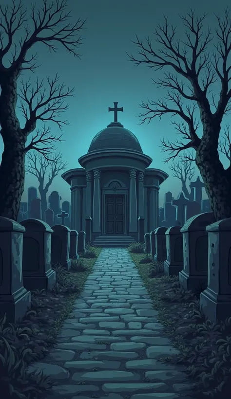 Very cartoon style, Police inside the cemetery, Scared, hunched ,  looking sideways ,  at night, dark environment,a few dry trees, abandoned cemetery, only about 10 tubes and only on the left, high perspective from back to bottom, in the center of the ceme...