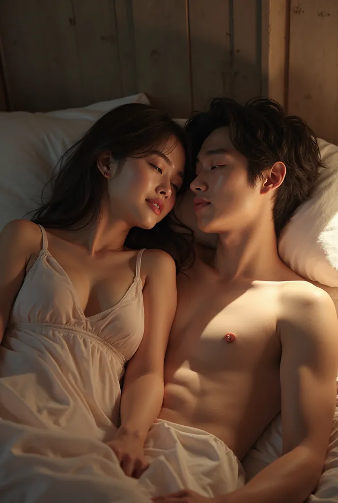 A young Korean woman wearing a sexy busty transparent nightgown sleeps alongside a smiling bare-chested Korean young man staring towards the camera 