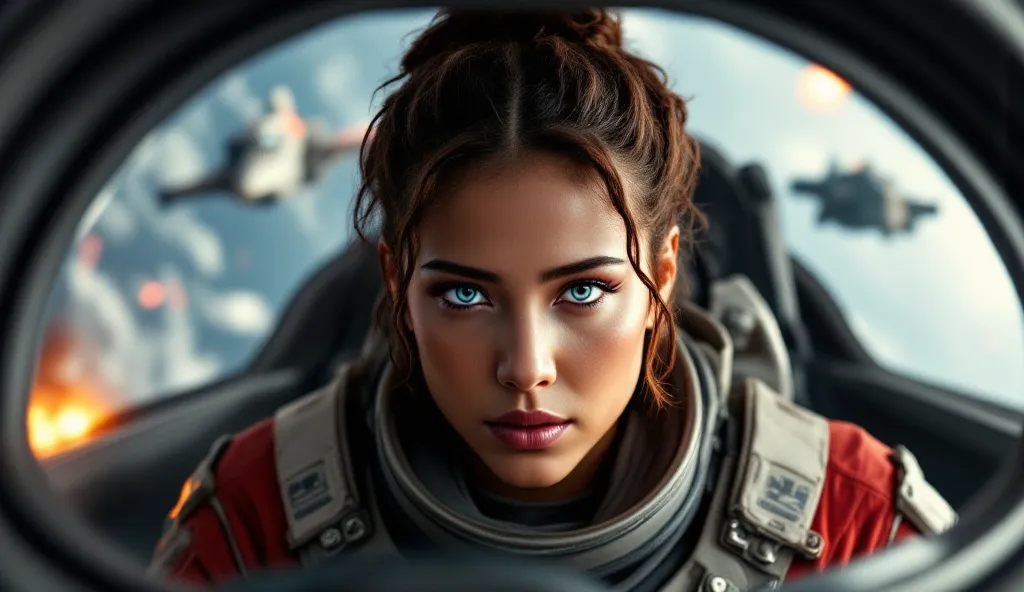 5. Sariah Jyn – Space Siege on a Rebel Fleet
"Sariah Jyn, a resilient human pilot with light brown skin and curly chestnut hair tied back in braids, defends a Rebel fleet under siege. Her fiery blue eyes gaze directly into the camera, filled with defiance ...