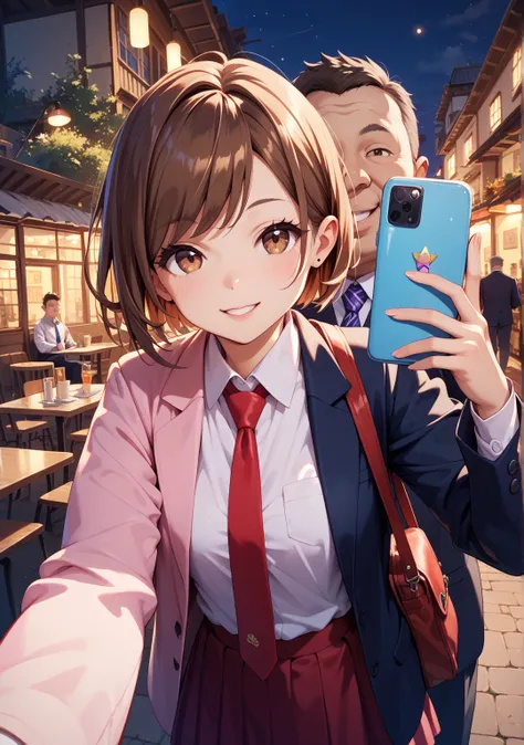 Selfie,one girl, suit, skirt,night,Town,short hair,brown hair, brown eyes, swept bangs,bag, Selfies,In front of the restaurant,A very fat old man is looking this way, tie