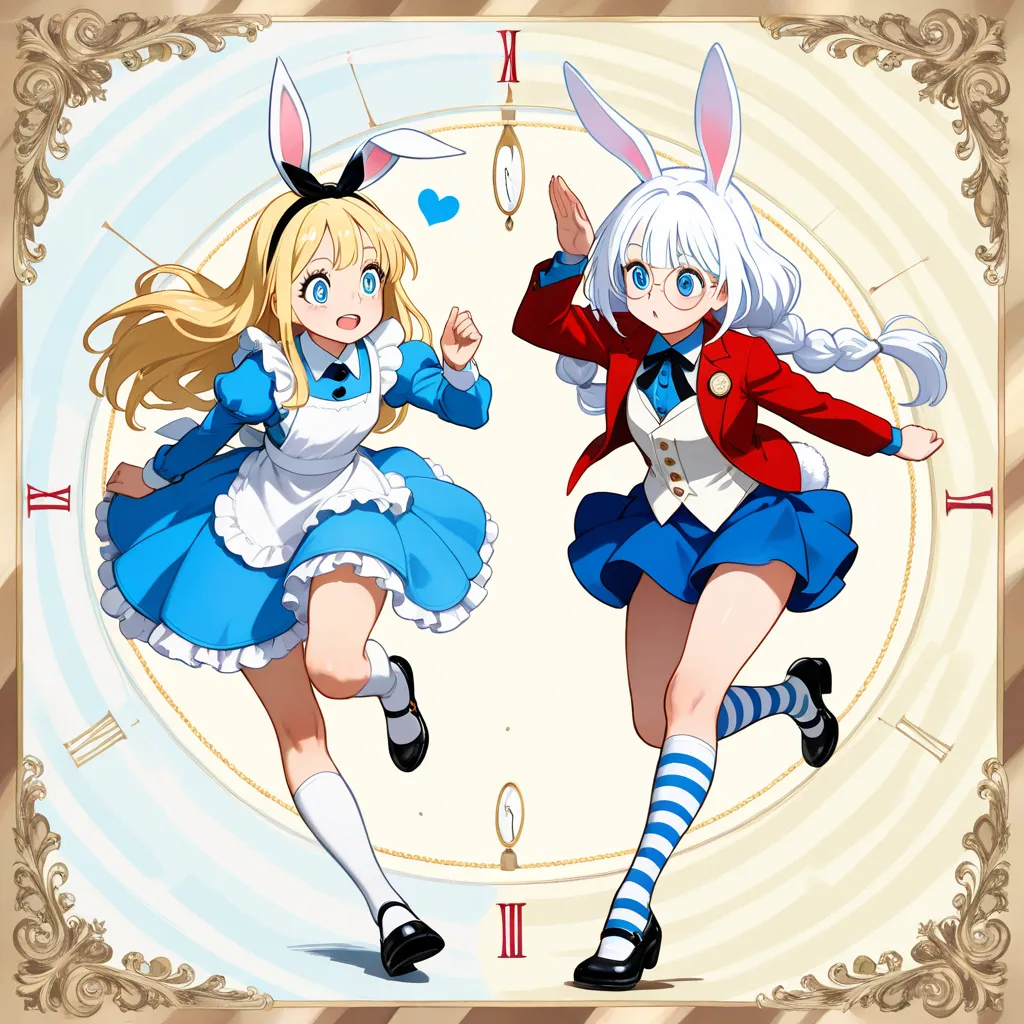 Quality: very awa, masterpiece, best quality, newest, highres, absurdres.
Style: Bruce_Timm style, comic art, fun, fantastic, fantasy, epic, powerful.
Summary: 2girls, Alice and anthropomorphic White Rabbit girl, separate positions.

Alice: (alice_(alice_i...