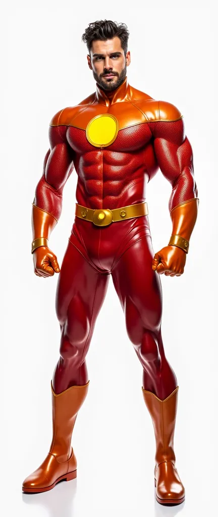 A handsome hunky slender hero wearing leather red and golden honeycomb textured tight fit leather spandex costume. Orange gloves and belt and boots.. hero suit with orange sun symbol on his chest,standing in a super hero pose,high quality,best quality png ...