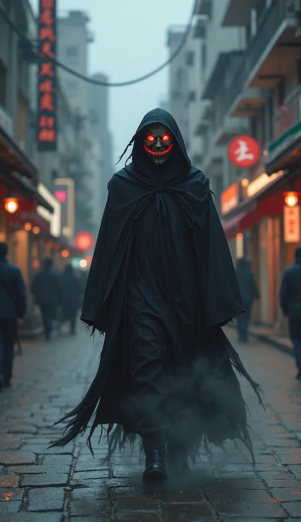 Setting: A modern street, but when the Evil God - a mysterious entity with glowing red eyes, a face hidden behind a cracked mask - walks by, the sidewalk cracks, the street lights flicker and then go out. The passersby are just trembling shadows.
Character...