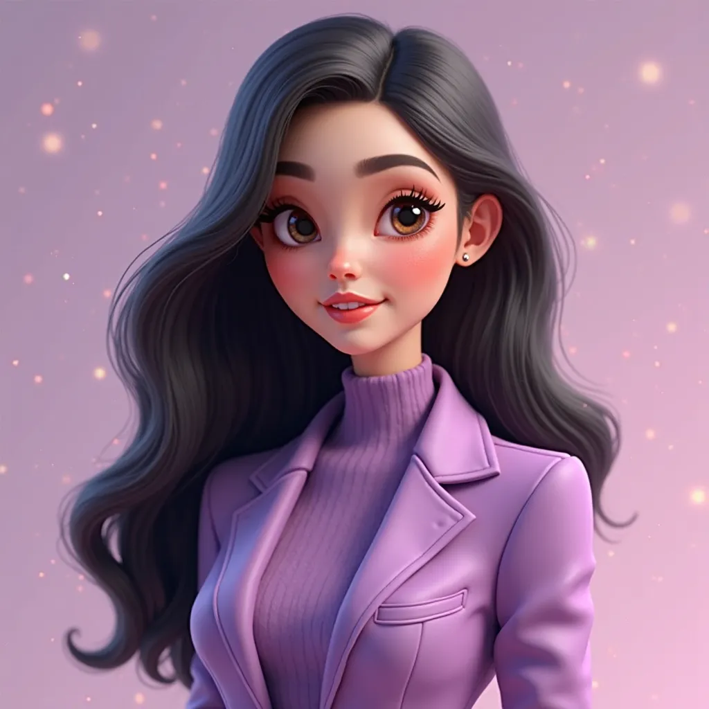 Create a 3D character in  , with a charming and detailed look. The character must be a young woman with a standard body, long hair,  smooth and black, with a soft glow. Her skin must be fair ,  with delicate and expressive features . The eyes must be large...