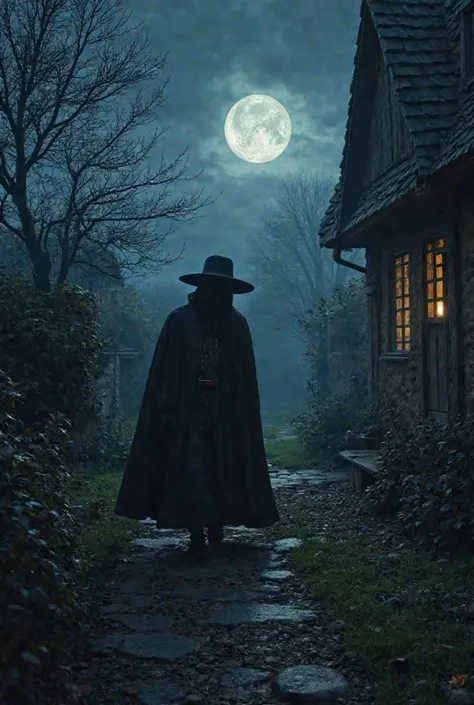  The Thief's Arrival
 * Scene: The thief, cloaked and shadowy, creeps through the moonlit garden towards the merchant's house.
 * Image Prompt: "A lone figure in a dark cloak, face obscured by a wide-brimmed hat, navigates a moonlit garden with a determine...