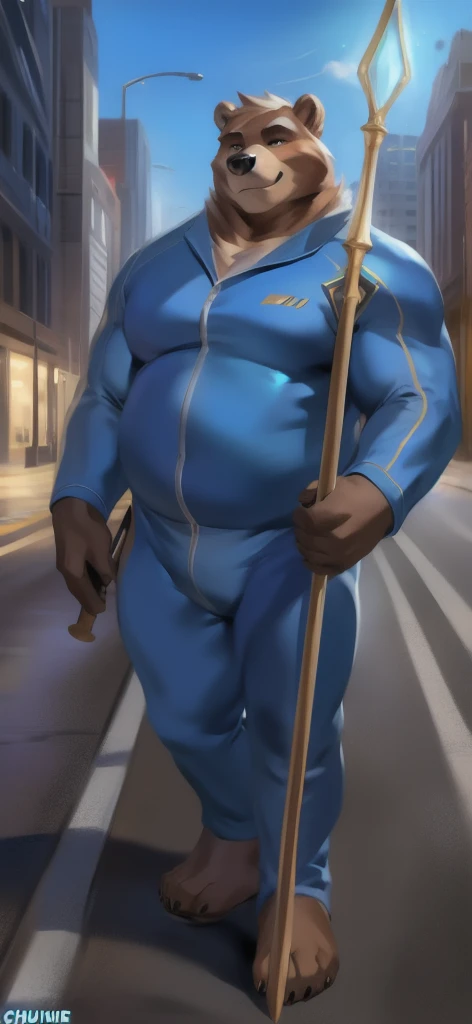 alone , Male tall , stand, road,bear , Blue Military Spacesuit,Holding a magical staff of earth element, Overweight , strapped muscles , Smirk, by chunie