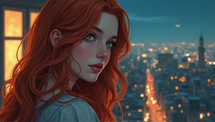 Illustrate a red-haired woman with long red hair in semi-realistic digital art, bright green eyes. She has a porcelain skin , It is very beautiful,  with long hair, Hourglass and an innocent face.  she can be seen to be perched on the porch of the building...