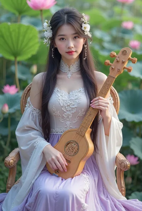 
"A beautiful young woman dressed in elegant traditional Chinese attire sits gracefully on an ornate chair in a serene lotus pond. She has long, dark flowing hair adorned with delicate white flowers and holds a guzheng, a traditional stringed instrument. H...