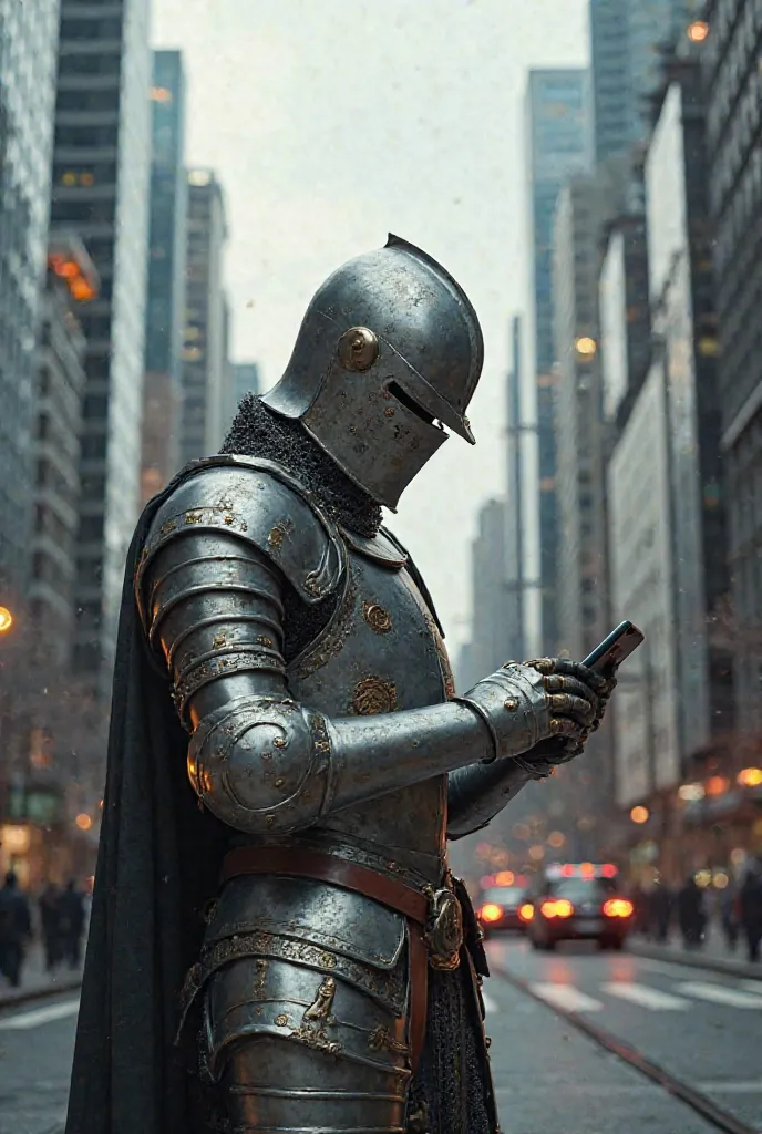 Man in medieval armor in a modern city looking at his smartphone 