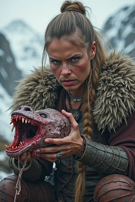 (photorealism:1.2), beutiful viking woman warrior eating another male with stone tools, enjoying her food.