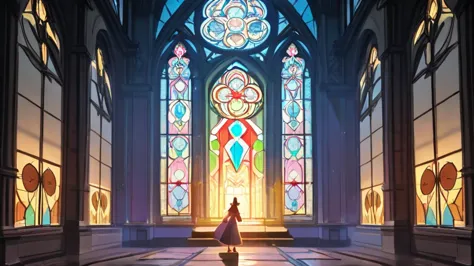 Draw a fantastical picture of a healing building in a magical country, with stained glass windows, a triangular roof, warm light shining from the windows, a rainbow-colored fountain gushing out in the center of town, and a rabbit coming out of the house do...