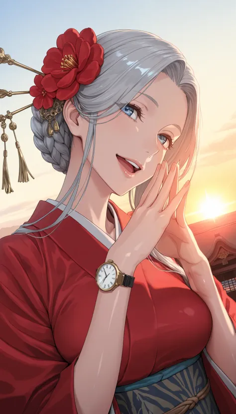 masterpiece, TOP QUALITY, Alone,1 girl, cute, Alone, Gray Hair, long hair, braided bun, red flower hair stick, blue eye, watch viewers, 片eye閉じ, big smile, open your mouth, medium breasts, traditional red kimono , Dutch angle, upper body, Twisted Po...