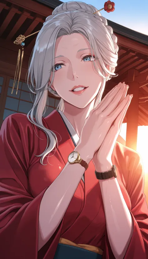 masterpiece, TOP QUALITY, Alone,1 girl, cute, Alone, Gray Hair, long hair, braided bun, red flower hair stick, blue eye, watch viewers, 片eye閉じ, big smile, open your mouth, medium breasts, traditional red kimono , Dutch angle, upper body, Twisted Po...