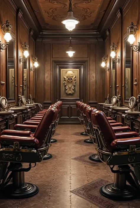 Barber shop with mirrors and chairs on two sides with a corridor in the middle and low light