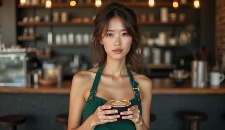 A young Asian woman, mid-20s, is centrally positioned in a cafe setting. She has shoulder-length brown hair styled in a slight updo, and a light complexion. Her facial expression is neutral, and she is looking directly at the camera. Her body is slender an...