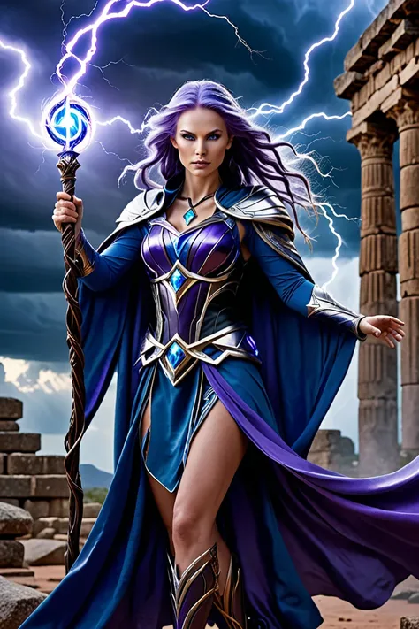 Full body picture of a powerful Stormcaller Mystic floting in air in an intense close-up, her intence froun face illuminated by a crackling arc of lightning dancing across a fingertip. Her glowing, stormy-blue eye radiates raw magical energy, and his expre...