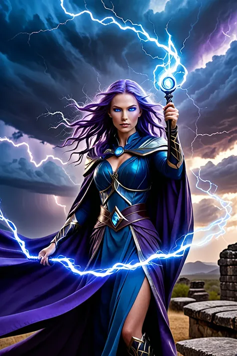 Full body picture of a powerful Stormcaller Mystic floting in air in an intense close-up, her intence froun face illuminated by a crackling arc of lightning dancing across a fingertip. Her glowing, stormy-blue eye radiates raw magical energy, and his expre...