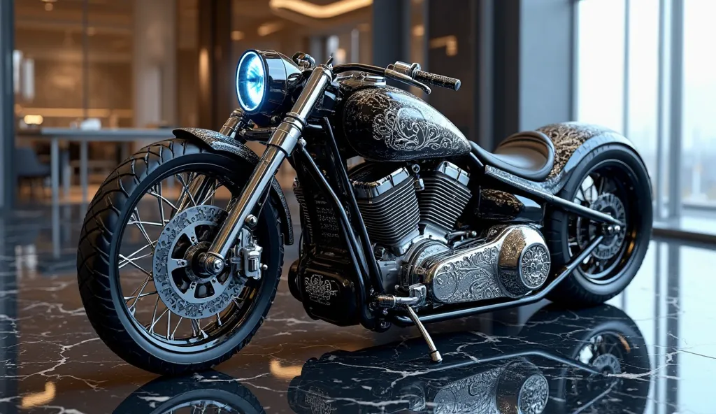 A futuristic custom Exclusive Debut 2025 chopper motorcycle with a deep jet-black body and platinum-plated engine components. The frame is encrusted with black diamonds, featuring intricate silver filigree engravings on the fuel tank. Massive platinum-spok...