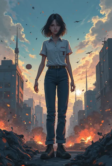 adult woman in work clothes rooftop，1 person，medium hair，cute， anime style，battlefield，mass shooting 