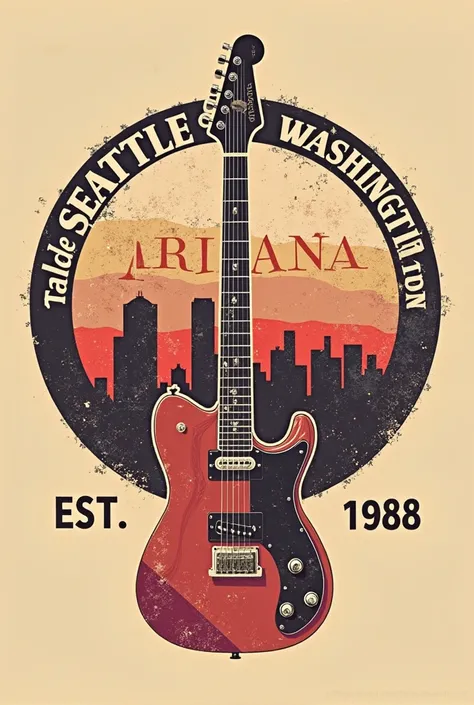 A vintage-style graphic design featuring an electric guitar integrated into a circular emblem, using only two colors: beige and red. The background includes a city skyline with a grunge texture effect. The text around the emblem reads 'SEATTLE WASHINGTON' ...