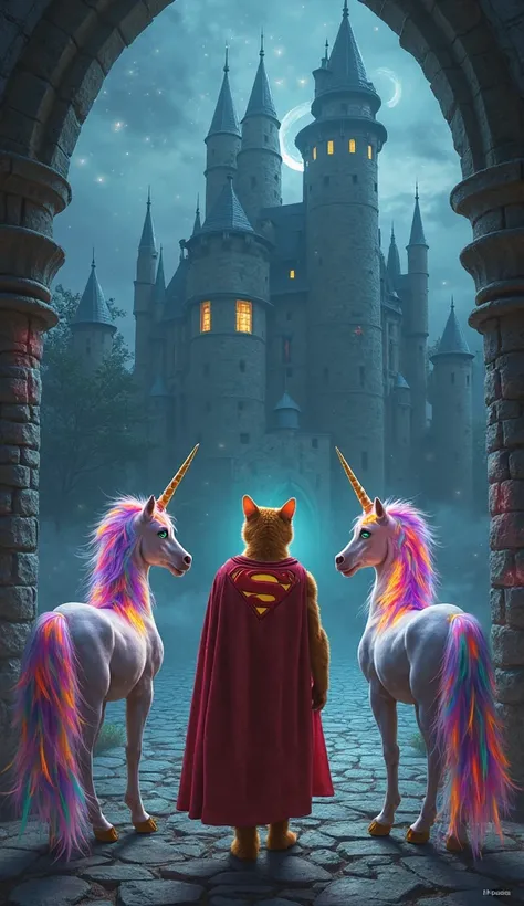 Draw a realistic picture of THREE COLORFUL HAIRED UNICORN APPROACHING A MUSCLE ADULT ORANGE CAT WEARING A SUPERMAN COSTUME.. Background in a SCARY castle at night