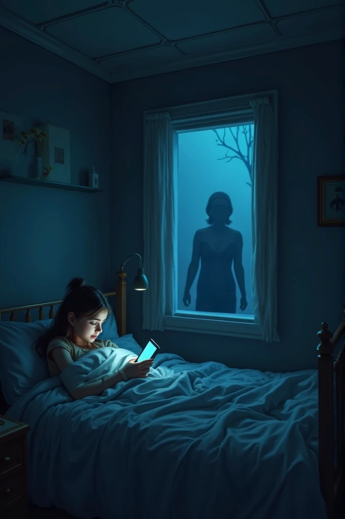 A small dark bedroom, with a girl laying on the bed, blankets over body as she's using her phone, unaware of the strange, figure standing in the corner of her room