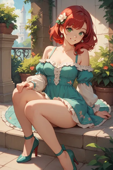 Anime, solo, 1girl, red hair, green eyes, medium breasts, off-shoulder dress, high heels, smiling,  cute, best quality, masterpiece.