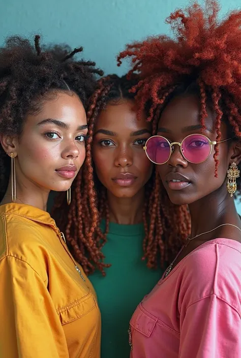 elles sont 4 :  une blanche brune aux yeux verts en combi bleue, une noire en combi rose fushia avec des dreadlocks, une métisse claire avec un afro roux en combi rouge et une noire avec des tresses collées en combi verte avec des lunettes 