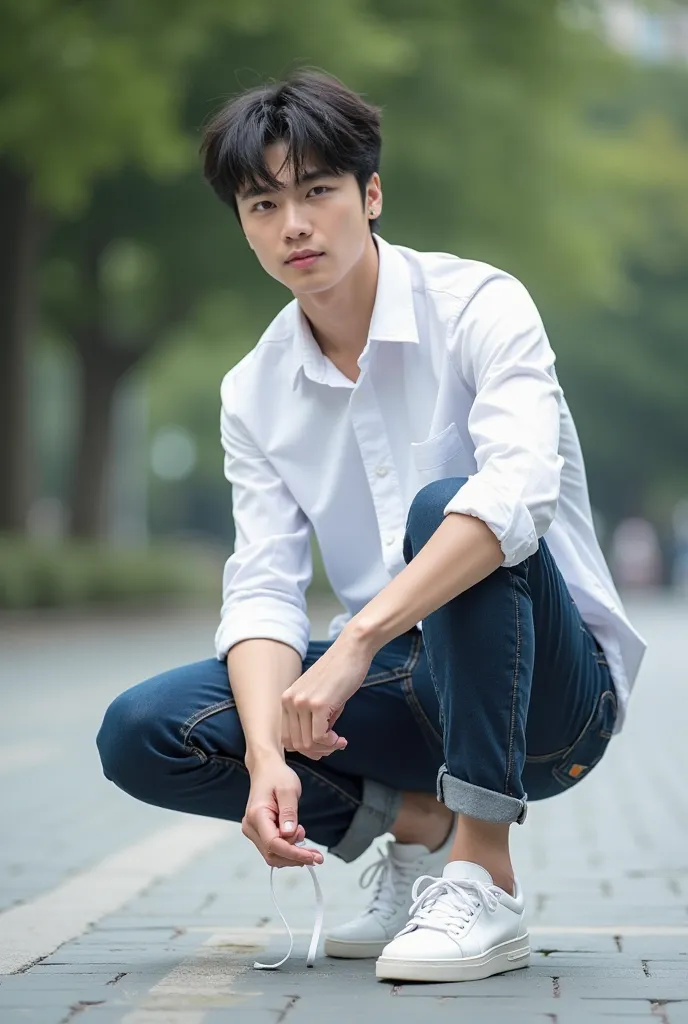 Portrait of a young Korean male university student in a relaxed position. He is crouched down with his legs slightly apart, tying his shoelaces. His posture is natural, and his arms and hands are proportionate, ensuring anatomical accuracy. The image conve...