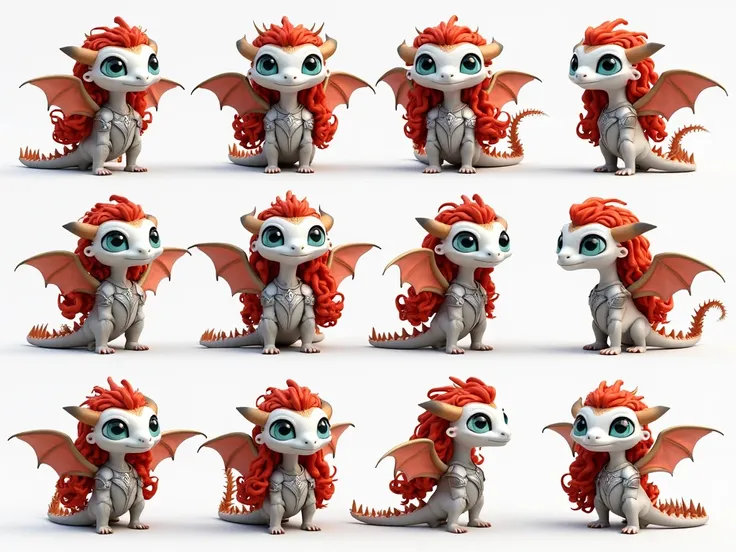 The sheet is divided into 12 identical cells. Homogeneous white background. Attractive white dragon girl with big shiny blue eyes, long red curly hair and dragon wings wearing knightly armor. 12 different poses and facial expressions of the same size indiv...