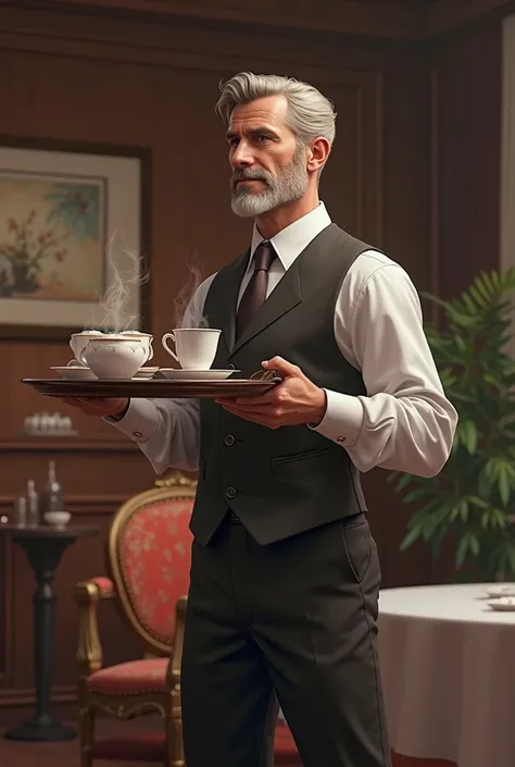 A man is carrying a tray with tea and sugar in it, and the person looks to the side