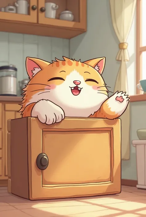 A sleepy cat reaching out to greet came out of the cupboard cartoon style 