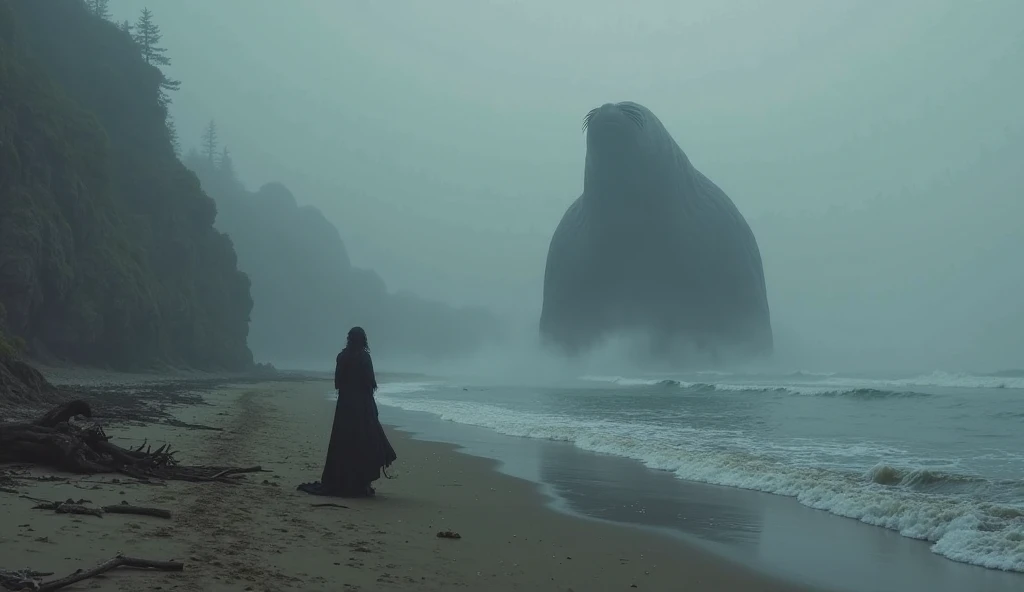 creepy beach ocean scene, foggy, with big seal monster in the background