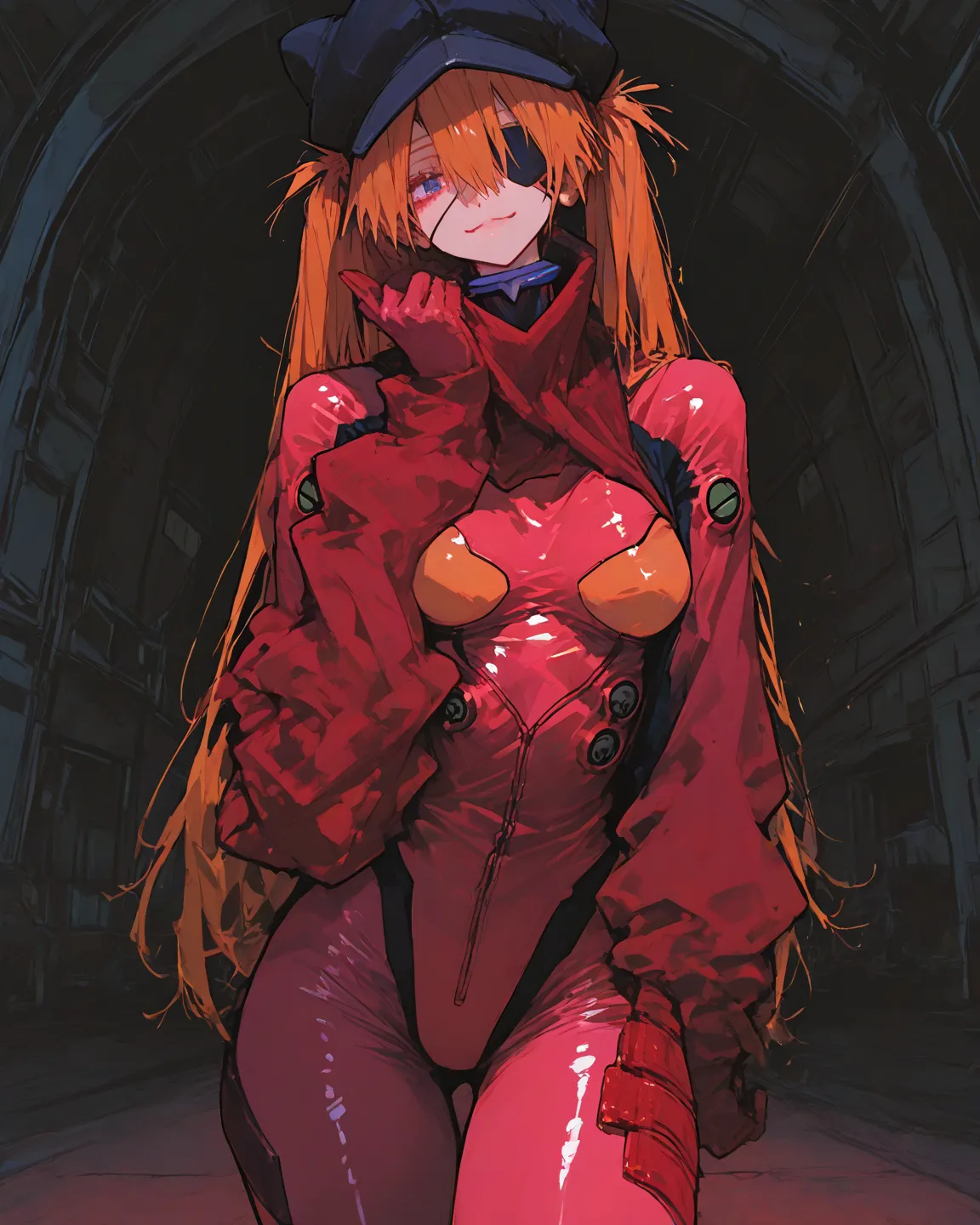  masterpiece, TOP QUALITY,  vibrant, very aesthetic, high contrast,  latest,  
medium breasts,  Neon Genesis Evangelion、  female 1 person、 、Su Long Aska Langley 、 orange hair、  blue eyes、  eye patch  、 black hat、 red jersey、  red plug suit、( ジャージの内側に  red ...