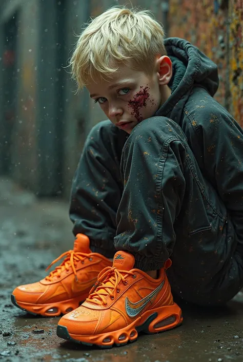 Drugged boy with pits in his face blond with huge Nike TN shoes on his feet