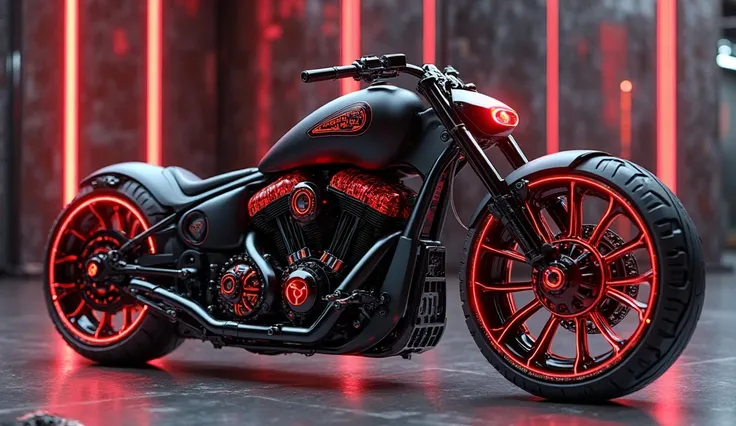 A futuristic custom Exclusive Debut 2025 chopper motorcycle with a matte obsidian black body featuring glowing neon red vein accents. The black chrome-plated engine with molten lava highlights creates a striking contrast. The fuel tank has a bio-mechanical...