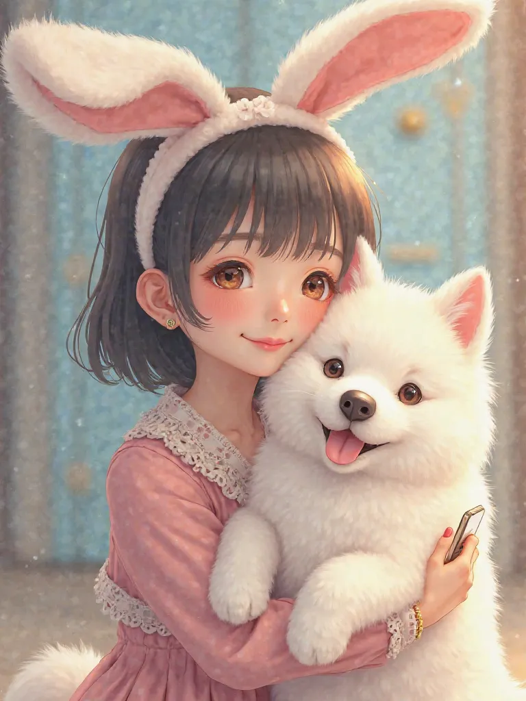 A Japanese woman with a pretty face and bunny ears on her head　 taking a selfie with her smartphone 　I'm holding a white Samoyed dog