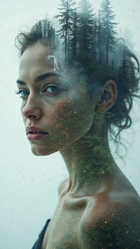 A hyper-realistic double exposure portrait of a busty female, where her striking, detailed features intertwine with ethereal imagery of ancient forests and cascading waterfalls. Captured using a Nikon D850 paired with an 85mm prime lens, her expressive fac...