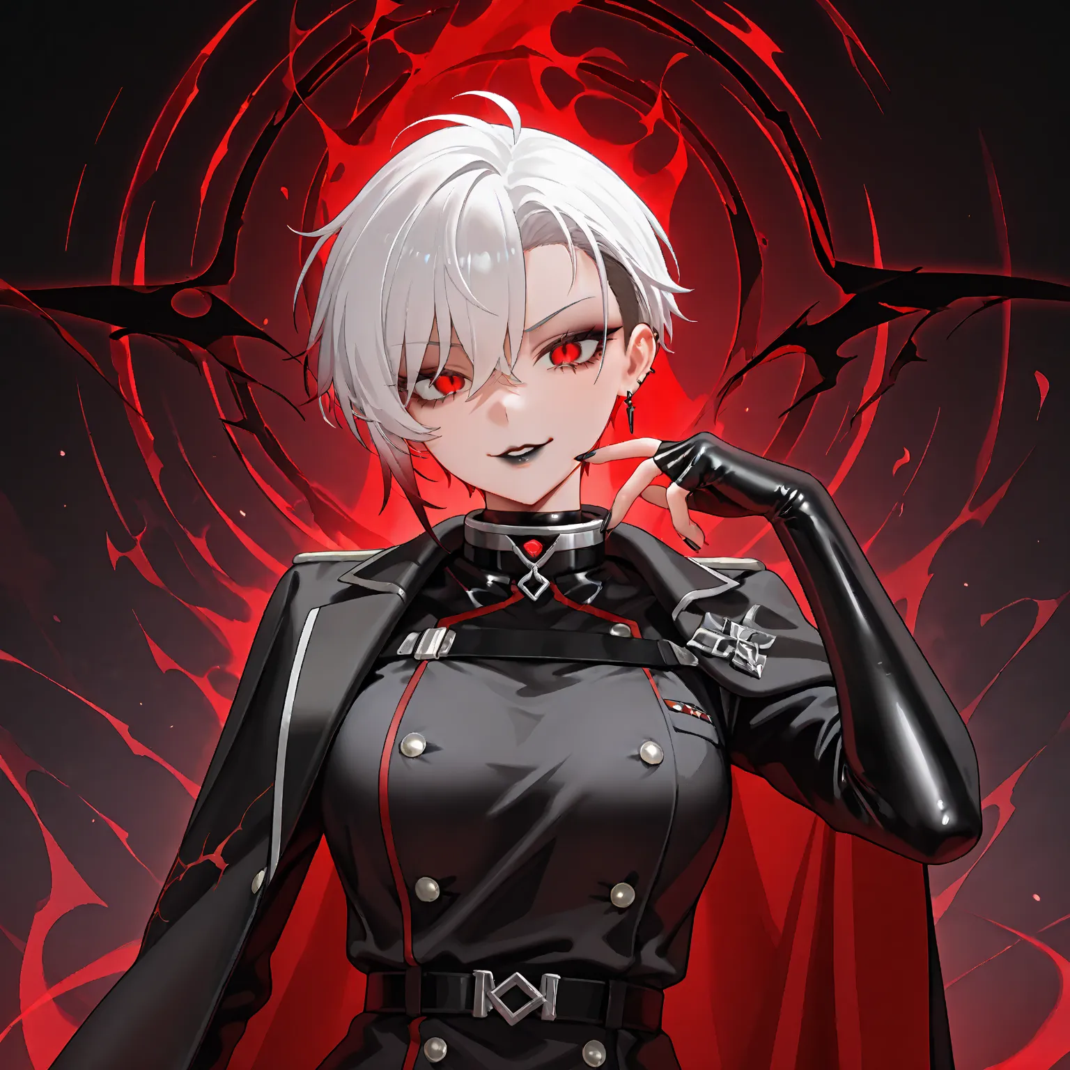 1girl, black commander uniform, narrowed eyes, black lips, red eyes, white short hair, corrupted, evil grin, medium breast, large thighs, pants, tomboy, sidecut, hair over one eye, slender, cape, black veins over body, cap, seductive pose, cleavage black l...