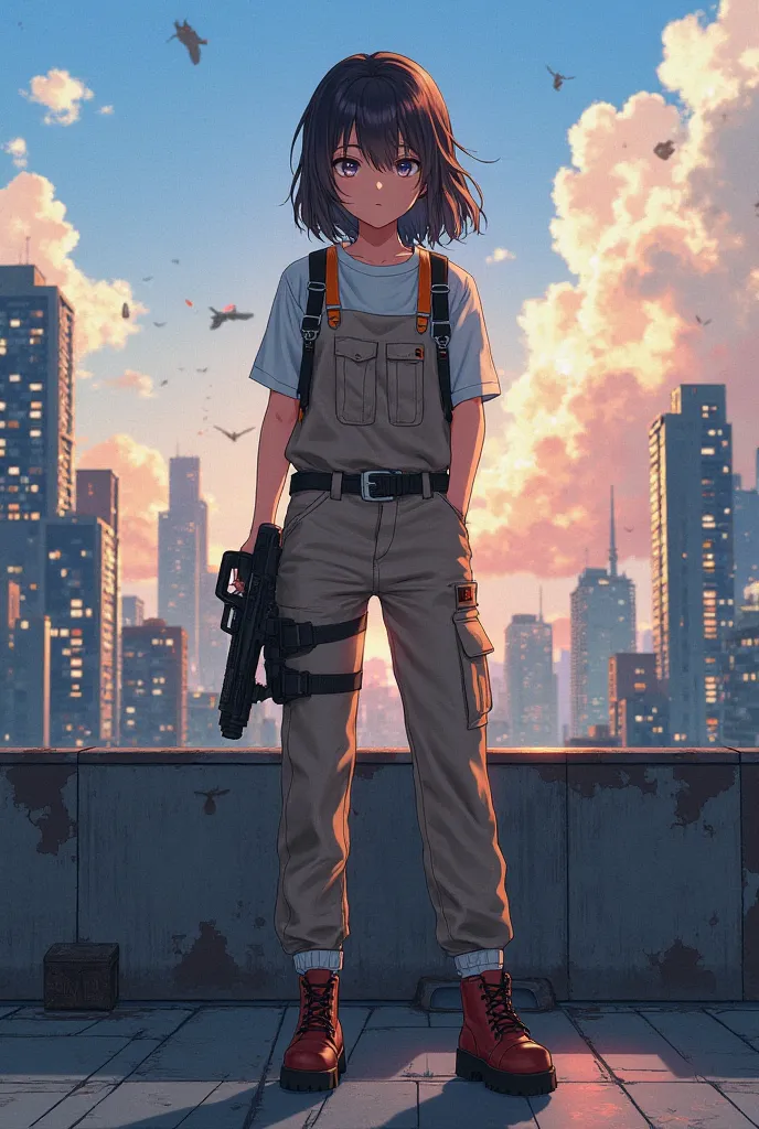 adult woman in work clothes rooftop，1 person，medium hair，cute， anime style，battlefield，gun