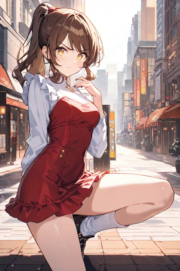 1girl, young adult girl, long brown hair, high ponytail, yellow eyes, anger expression, short stature, wearing red mini dress, dress with ruffles, white high socks, city street, absurdres, high resolution, ultrasharp, 8k, masterpiece, looking at viewer