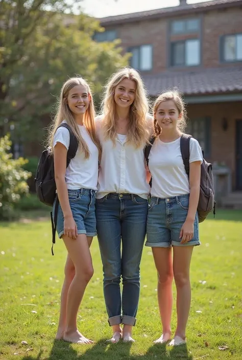 Realistic photo, barefoot blonde female teacher and two barefoot 14-yo schoolgirls standing and smiling outside school 